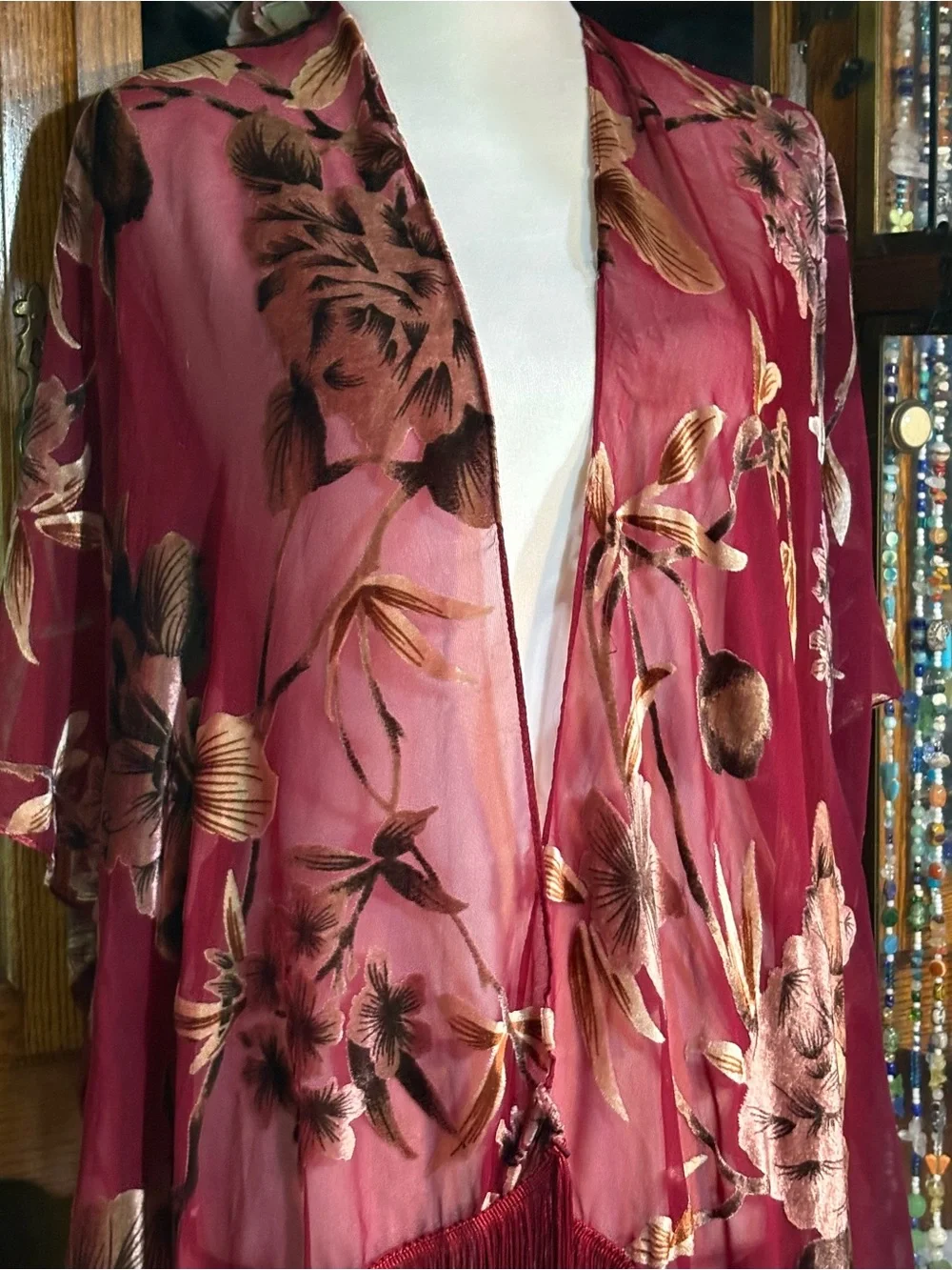 Roffe Burgundy Floral Chiffon Velvet Burnout Fringe Kimono os